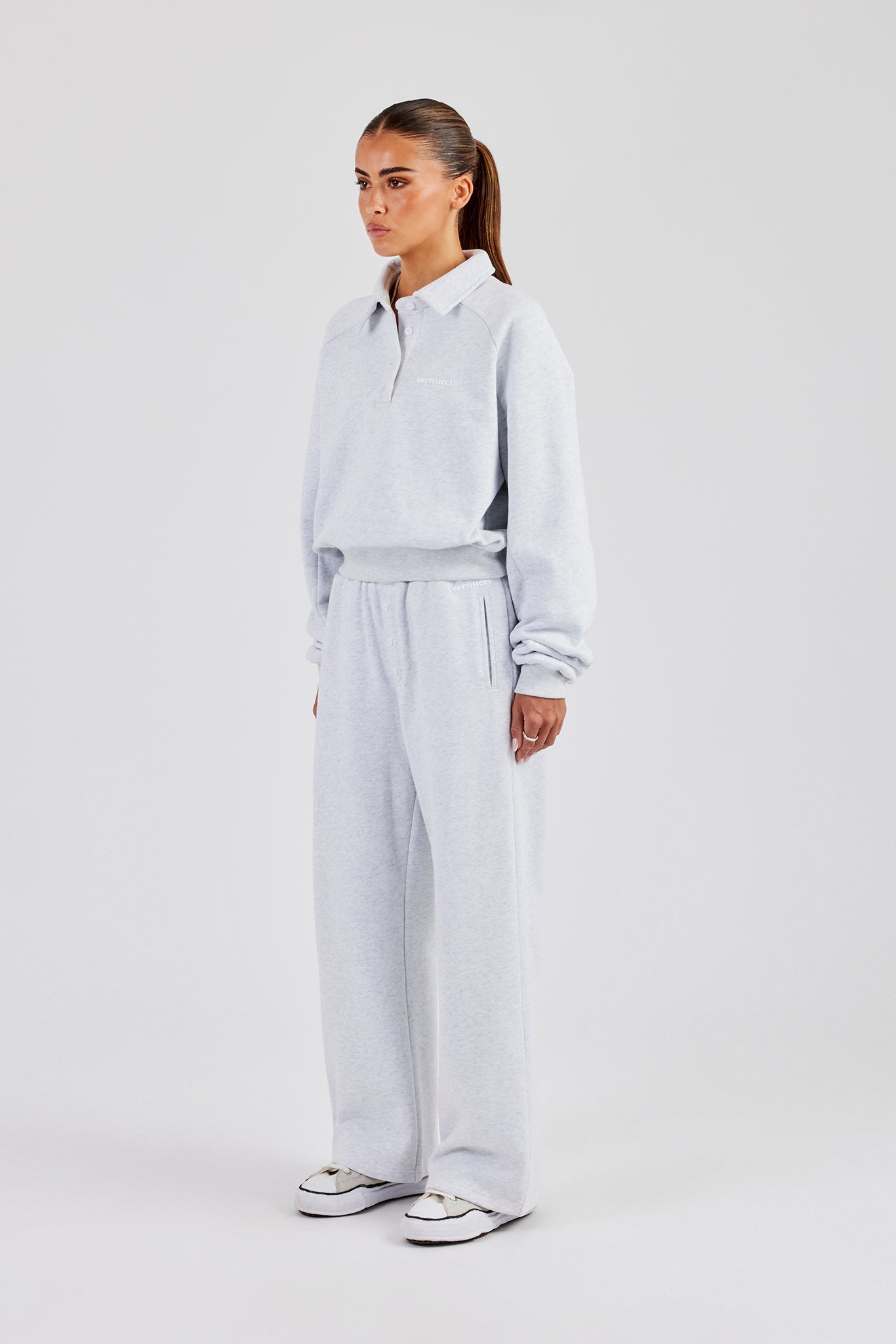 Polo Sweatshirt & Wide Leg Jogger - Heather Grey